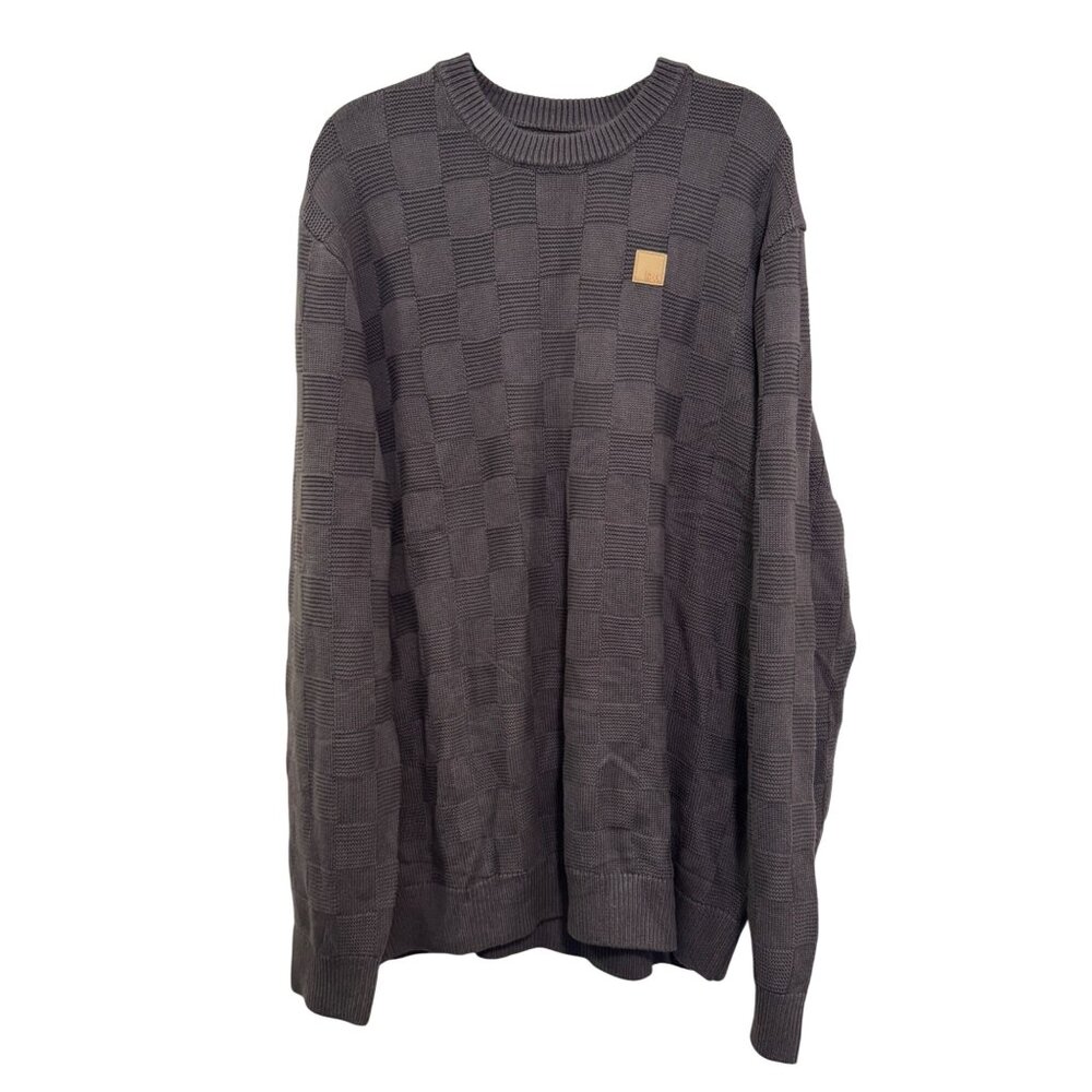 DK Acrylic-Cotton Mens Sweater 2XL Grey Checkered Knit Long-Sleeve